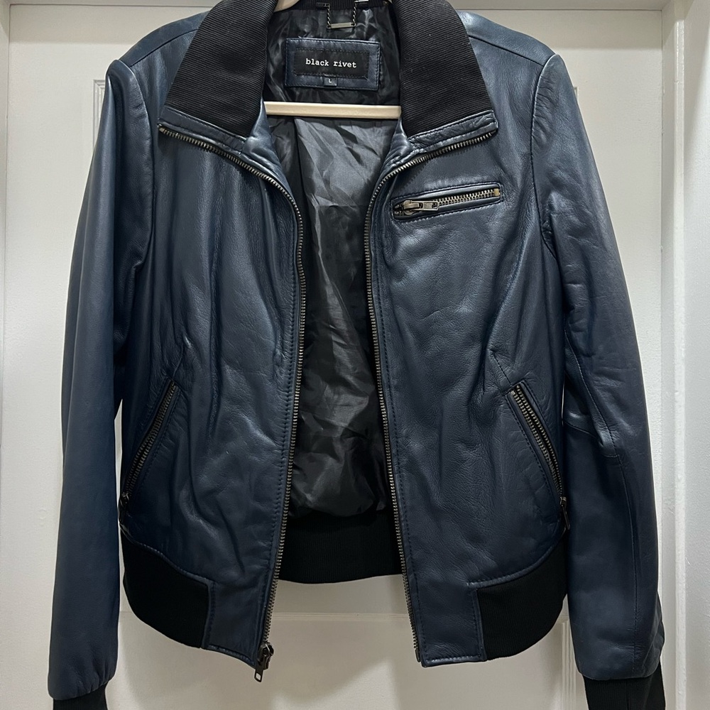 Black Rivet Women’s Navy Leather Bomber Jacket